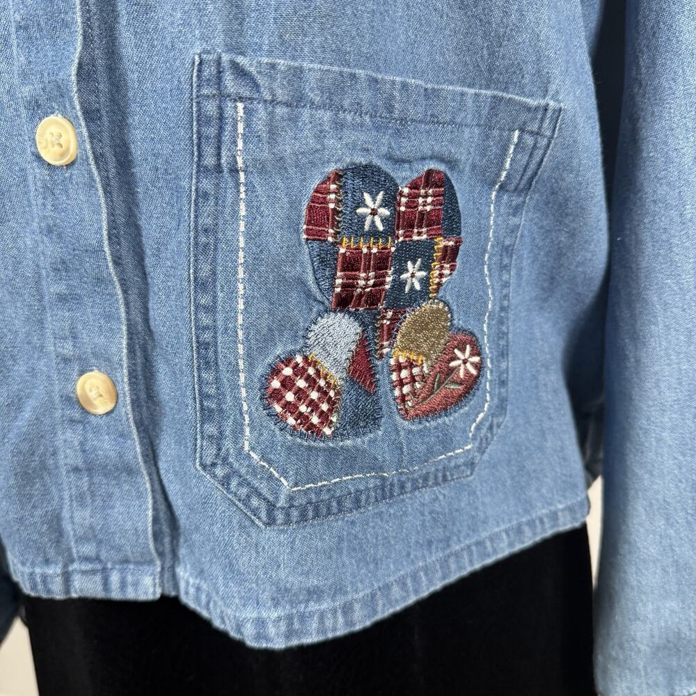Vintage Christopher & Banks Denim Shirt Jacket L Patchwork Hearts Embroidered - Picture 3 of 12